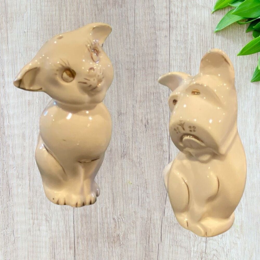 Vintage Dog Cat Salt Pepper Scottie Gold Trim
